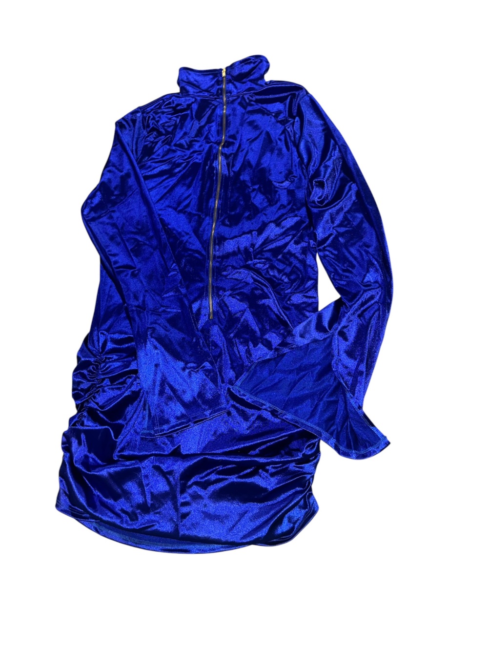 Fashion Nova Electric Blue Satin Dress with Flare Sleeves and Front Zip